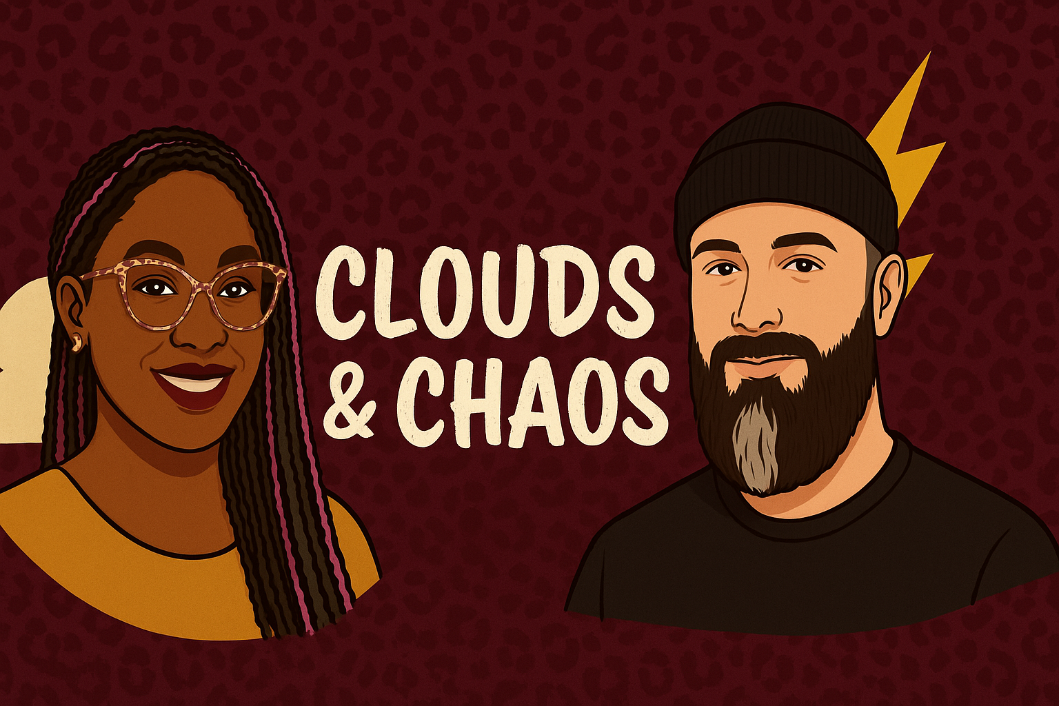 Clouds & Chaos illustrated banner featuring Kellie and Justin