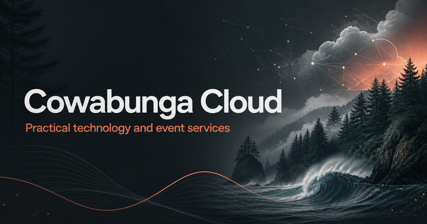 Cowabunga Cloud visual with Pacific Northwest forest, ocean wave, cloud, and network lines
